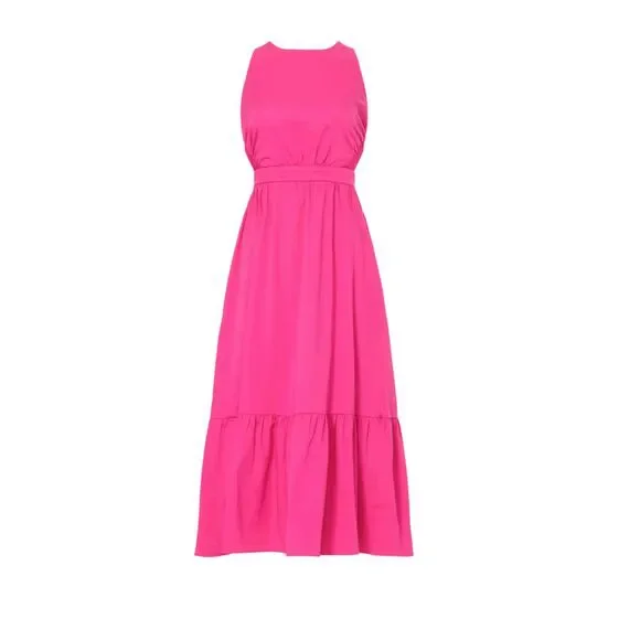 Peter Som Hot Pink Tiered Barbiecore Cross Back Semi Formal Summer Midi Dress 6 - Picture 1 of 15